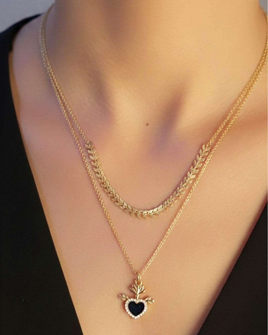 Double Chain Necklace With Stylish Heart Pendant.